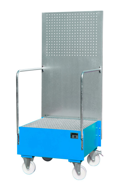 Auffangwanne fahrbar mit Lochplattenwand für 1x200l Fass